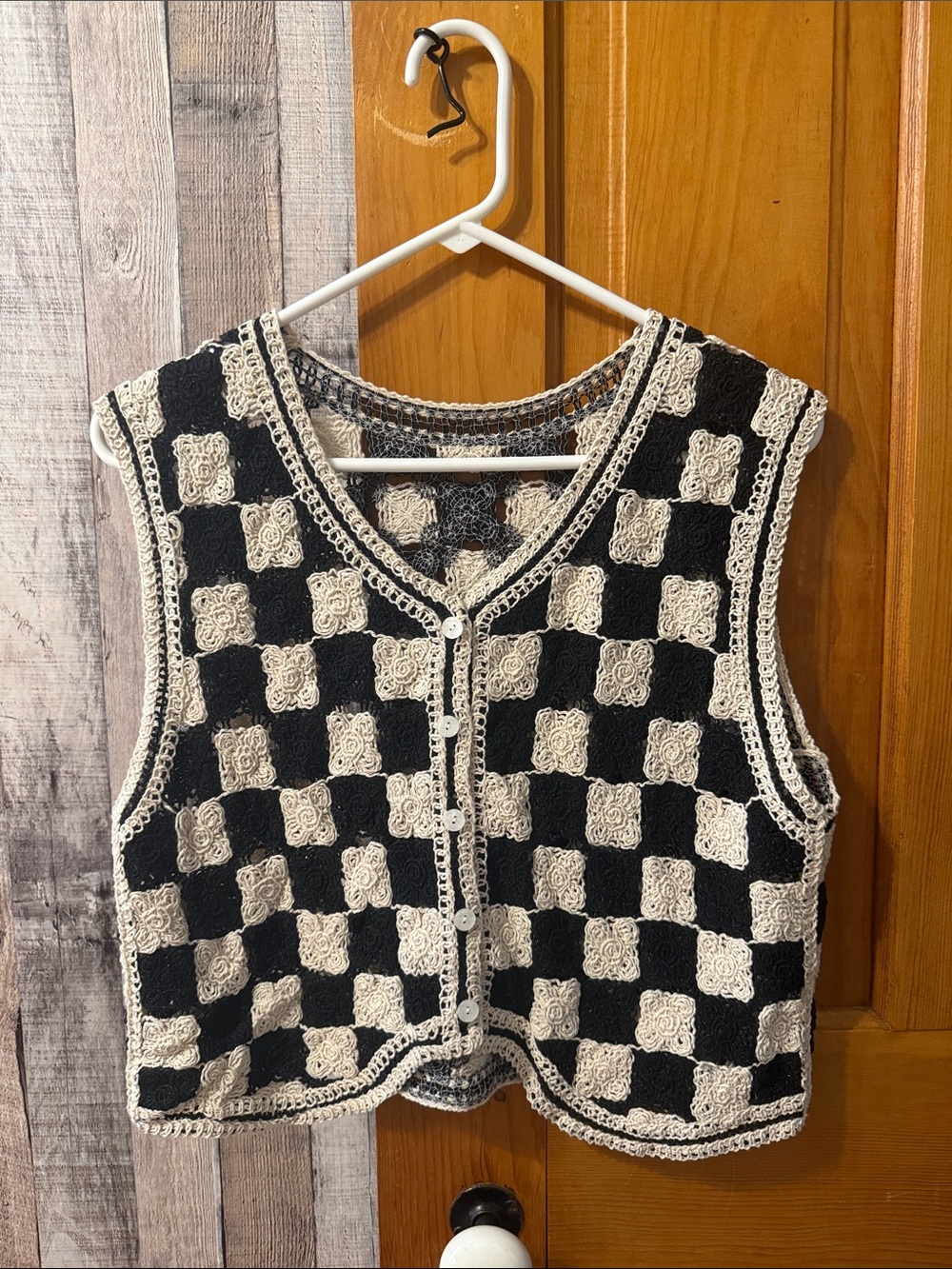 Checkerboard Crochet Button-Up Vest in Black & Cream